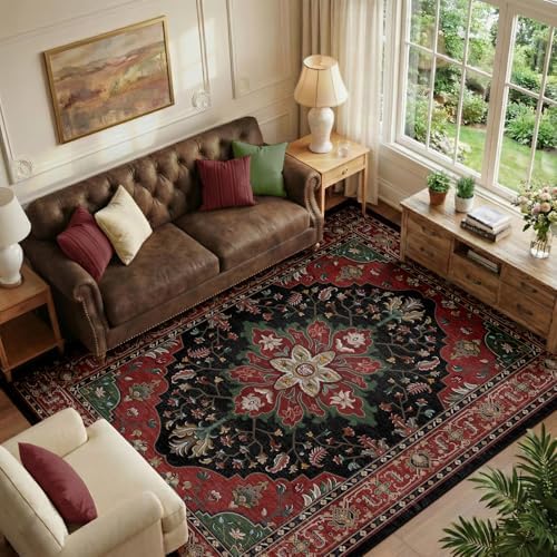 RELEANY Washable Area Rug, 6'x8', Red/Black by RELEANY