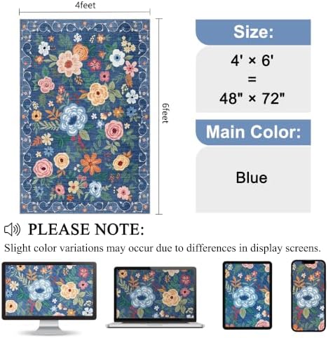DUKINO 4x6 Area Rug, Floral Washable Rug Non Slip Office Chair Mat, Blue - Image 2