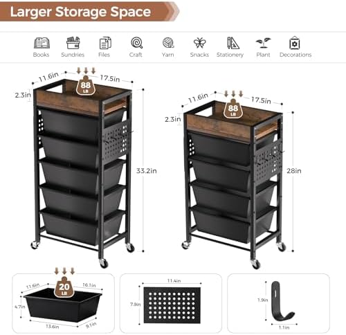 6 Tier Rolling Cart with Drawers, Plastic Drawer Storage Craft Cart with Pegboards & Hooks, Metal Utility Cart with Wheels & Wooden Tabletop, Classroom Office Art Supply Organizers and Storage, Black - Image 3