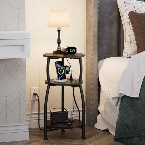 Round Side Table with Charging Station, Small Spaces Nightstand - Image 2