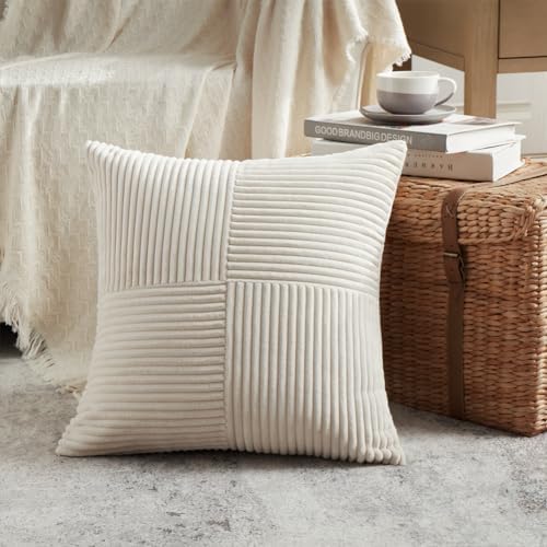 Fancy Homi 2 Packs Cream Samll Decorative Throw Pillow Covers 14x14 Inch with for Couch Bed Sofa, Rustic Farmhouse Boho Home Decor, Soft Corss Patchwork Corduroy Square Cushion Case 35x35 cm - Image 2