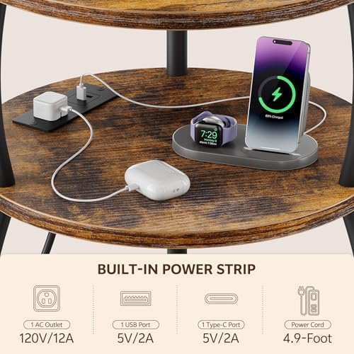Round Side Table with Charging Station, USB Type C Port, Brown - Image 5