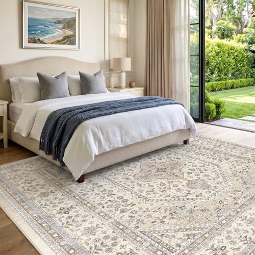 6x6 Square Washable Area Rug - Non-Slip Vintage Living Room Rugs Beige Gray - Image 2