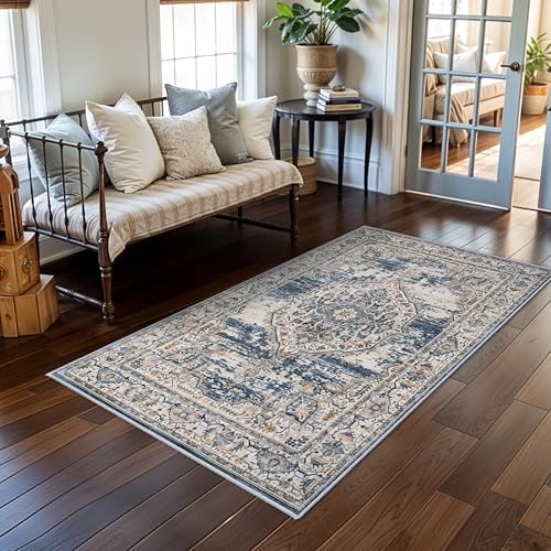 YOUFORTONG Washable Rug 3x5 Area Rugs: Soft Ultra Thin Low Pile Mat Machine Washable Indoor Doormat Lightweight Entry Rug Anti Slip Backing Rugs for Living Room Bedroom Kitchen 3'x5' Blue - Image 2