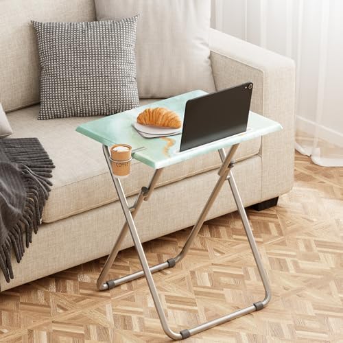 TV Trays Table Set of 4 Portable Folding TV Tray Table TV Dinner Tray with Sturdy MDF, Small Folding Tables with Phone & Tablet Slot, No Assembly Required, 15 x 18.9 x 25.6 in (Sea Blue Marble, 4Pcs) - Image 6