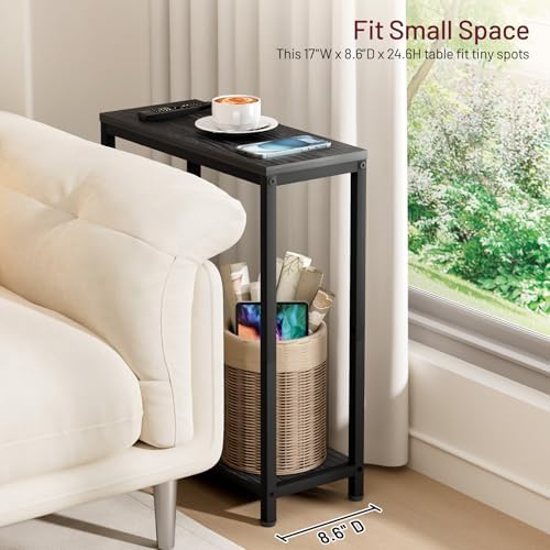 SLEEPING LAMB Narrow Small Side Table for Small Space, 2 Tier Sofa Skinny End Table for Living Room, Bedroom Beside Slim Nightstand, Rustic Black - Image 2