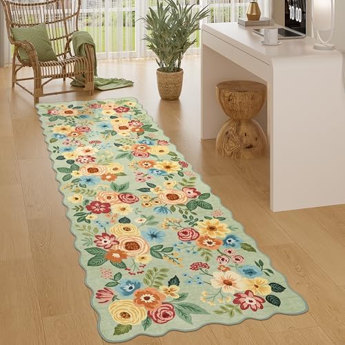 DUKINO 2.6x8 Runner Rug, Floral Washable Kitchen Rugs Non Slip, Green by DUKINO