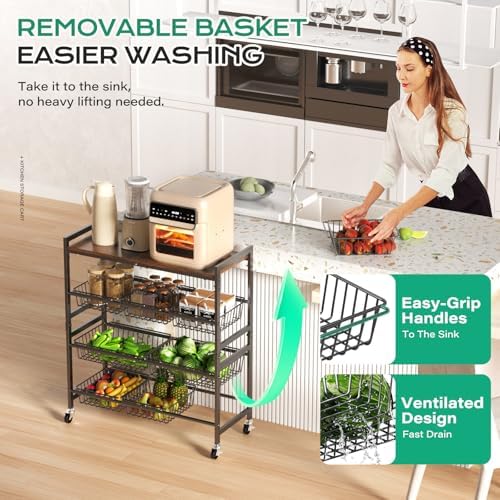 Cinati 4-Tier Utility Kitchen Cart with Wood Top, 29" W Kitchen Storage Cart with 8 Baskets & Handle, Metal Snack Cart with Wheels, Adjustable Pantry Organizer and Storage Cart for Fruit, Vegetables - Image 4