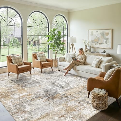 12x12ft Square Living Room Rug – Non-Slip Washable Extra Large Floor Carpet for Bedroom, Dining Room, Playroom Room – Modern Abstract Neutral Thin Low-Pile Big Indoor Rug (Gold Grey) - Image 2
