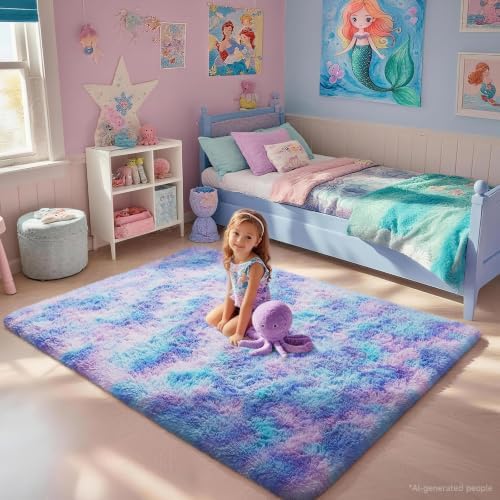 Ophanie Rainbow Purple Rug for Bedroom Girls,Unicorn Colorful Mermaid Fluffy Soft Cute Fuzzy Area Rugs,Shag Plush Shaggy 4x6 Furry Carpet for Kids Baby Teen Dorm Decor with Over 99 pcs Pile fibers - Image 3