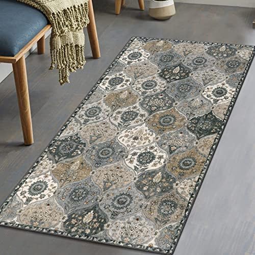 Lahome Moroccan Trellis Small Area Rug, 2x4 Rugs for Entryway Non-Slip Vintage Ultra-Thin Washable Indoor Door Mat Distressed Throw Carpet for Bathroom Kitchen Bedroom Elise, Grey by Lahome