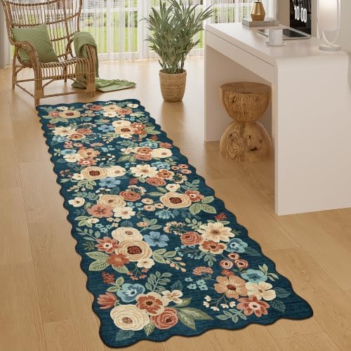 DUKINO 2x6 Runner Rug, Floral Washable Rug for Kitchen, Prussian Blue by DUKINO