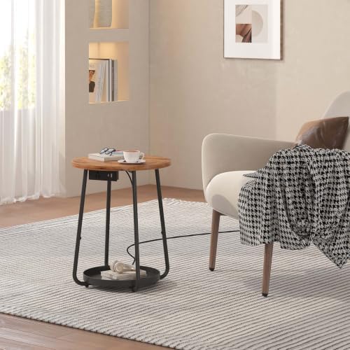 sthmec Small Round Side End Table with Storage and Charging Station, 2 Tier Round Bedside Sofa Couch Coffee Tables with Tray, Metal Nightstand for Small Spaces, Living Room Bedroom, Rustic Brown - Image 2