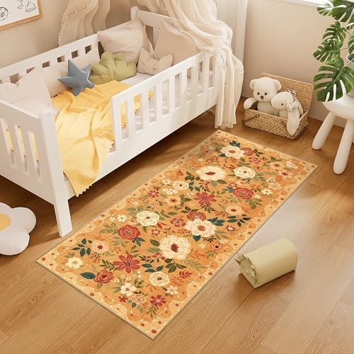 DUKINO 2x5 Runner Rug, Floral Washable Rug for Kitchen Non Slip, Orange - Image 4