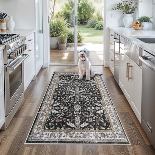 3x5 Kitchen Rug Washable Non-Skid, Boho Indoor Small Throw Area Rugs for Entryway Bedroom Living Room Floor, Soft Stain-Resistant Low-Pile Thin Doormat（Black, 3x5） by BYYVOORugsforYourHome