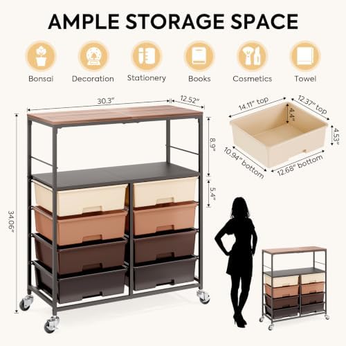 APEXCHASER Rolling Storage Cart with 8 Large Drawers, Wooden Tabletop - Image 3