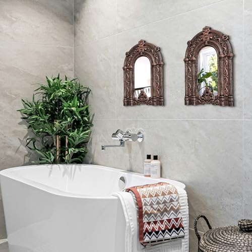 2 Set Wood Carved Window Mirrors 3D Relief Arched Wall Decor Roman Column Antique Home Accent Small Decorative Mirrors for Living Room, Bathroom, Entryway - Image 3