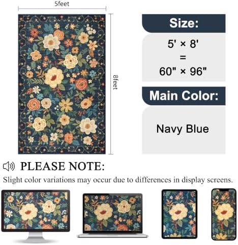 DUKINO 5x8 Area Rug for Bedroom, Floral Washable Rug Non Slip, Navy Blue - Image 2