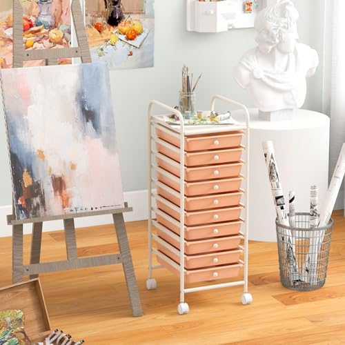 10-Drawer Rolling Storage Cart, Trolley w/Lockable 360° Wheels, 10 Removable PP Drawers, Sturdy Metal Frame, Rolling Utility Cart Perfect for Home, Office, Classroom (Peach Fuzz) - Image 7