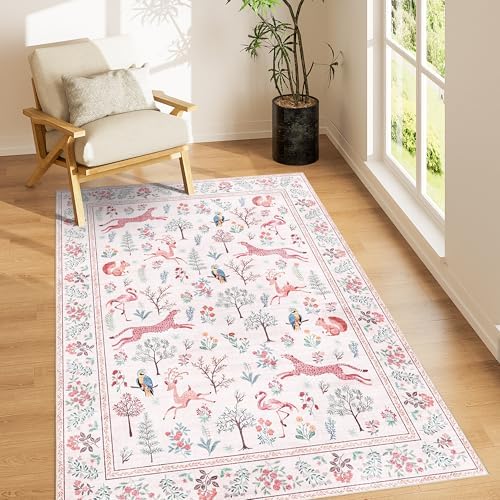 DUKINO 4x6 Area Rug, Non Slip Animal Washable Rug for Living Room, Pink by DUKINO
