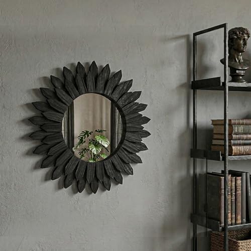 20" Black Round Sunburst Wooden Mirror Boho Rustic Wall Decor - Image 2