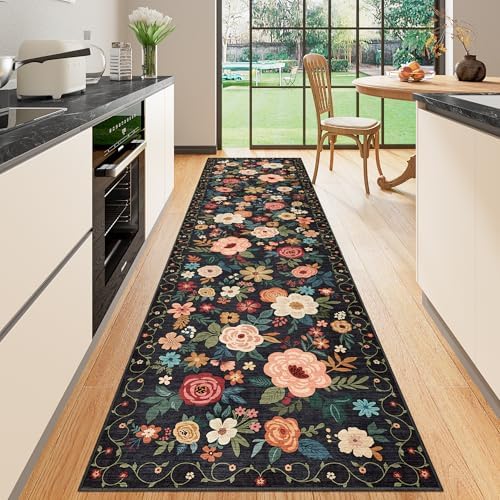 DUKINO 2.6x10 Runner Rug for Hallway, Washable Kitchen Rugs Non Slip, Black by DUKINO