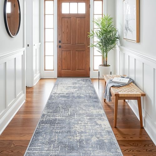 Abstract 3x10 Kitchen Rug Runners: Washable 10ft Hardwood Floor Mat Bathroom Living Room Bedroom Beside Mat Non-Slip Hallway Entry Area Rug Soft Indoor Farmhouse Carpet for Families(3x10,Blue/Ivory) - Image 4
