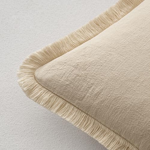 MIULEE Boho Linen Fringe Decorative Throw Pillow Covers Beige 16x16 - Image 3