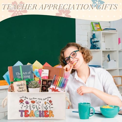 Marsui 1 Pcs Teacher Gifts Basket Teacher Book Storage Bin, White Brown - Image 6