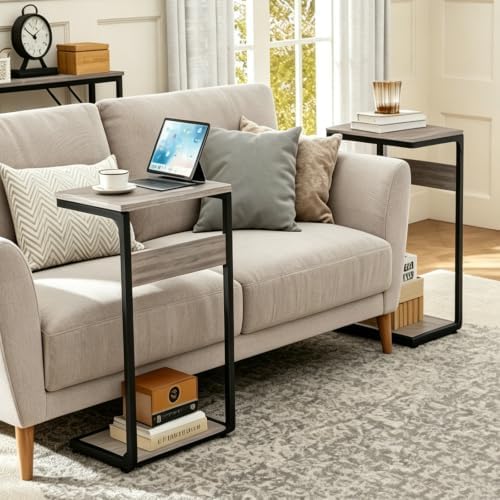 Wood Pedestal Snack TV Trays Set of 2, Small C Shaped NightStand ET-YB-GYW2 - Image 4