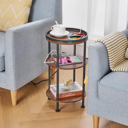 Small Round Side Table with Charging Station for Small Spaces, 3-Tier Accent Table with USB Ports & Power Outlets, Sofa Corner Tea Table for Living Room Nightstand Bedroom Apartment (USB, Cherry) - Image 2
