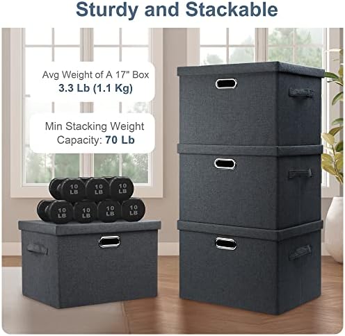 Graciadeco Large 17" 36 Quart Collapsible Stackable Storage Bins with Lids, 5 Packs Dark Gray Foldable Fabric Closet Storage Boxes with Lids Heavy-duty Linen Cube Baskets(17 x 12 x 11) - Image 3