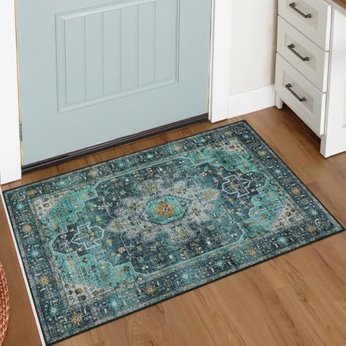 Moynesa Ultra-Thin Washable Area Rug - 2x3 Teal Small Entryway Rug Front Indoor Doormat, Boho Non-Slip Stain Resistance Low Pile Accent Carpet for Kitchen Bathroom Home Laundry Room Hall Decor by Moynesa