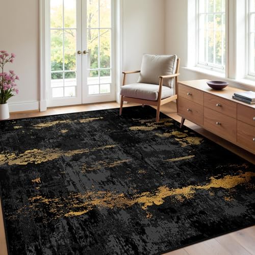 RELEANY Washable 4'x5' Abstract Area Rug for Living Room Black Gold by RELEANY