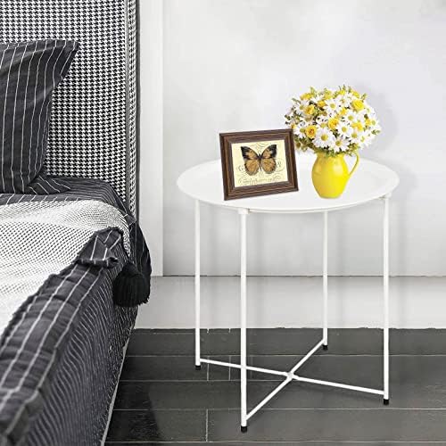 Garden 4 you End Table Metal Side Table White Round Folding Tray Cyan Sofa Small Accent Fold-able Table, Round End Table Tray, Next to Sofa Table, Snack Table for Living Room and Bed Room - Image 6