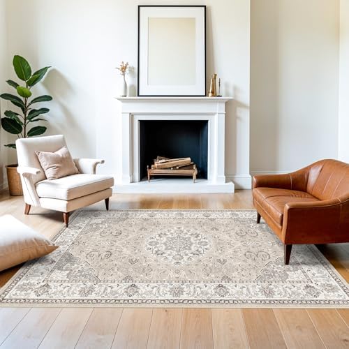 5x7 Living Room Area Rugs: Washable Non-Slip Stain Resistant Rug for Bedroom Dining Room Vintage Ultra Soft Indoor Carpet for Nursery Kitchen Farmhouse Thin Floor Mat for Home Office (5x7 Beige) by HYHAOYUNLAI