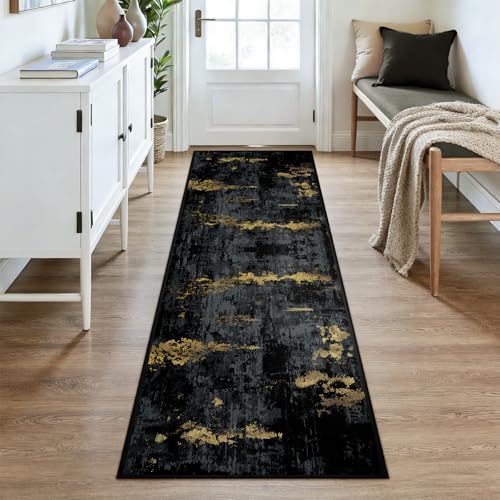 RELEANY Washable Runner 3'x8' Abstract Area Rug for Hallway Black Gold - Image 2