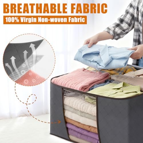 90L Large Foldable Storage Bags with Lids, 6 Pack - Closet Qrganizers and Storage Containers for Clothes, Blankets, Bedding | Reinforced Handles, Home Storage Bins, Gray - Image 4