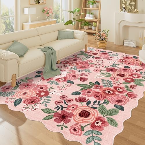 DUKINO 6x9 Area Rugs, Floral Washable Rug for Living Room Non Slip, Pink by DUKINO