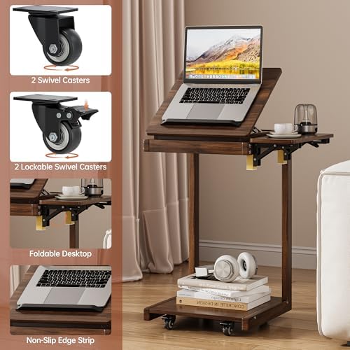 OtterOasis C Shaped End Table for Couch Rolling Side with Wheels Walnut - Image 5