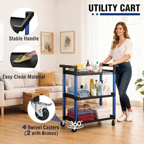 WORKPRO 3-Tier Service Utility Cart, 400LBS Plastic Rolling Cart with Handles & Lockable Wheels, Heavy Duty Storage Cart for Restaurant, Kitchen, Office, Garage, Warehouse - Image 2