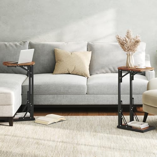 MAHANCRIS Set of 2 Folding C Shaped End Table, Adjustable Small Sofa Side Laptop Desk, Foldable Couch TV Tray Table for Small Spaces, Living Room, Bedroom, Rustic Brown ETHR4101S2 - Image 2