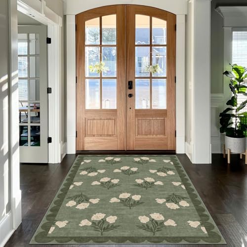 4x6 Covered Outdoor Patio Rug - Green Washable Front Porch Entry Rug Non-Slip Door Mat Indoor Outside Entrance Vintage Floral Scalloped Area Rug for Living Room Entryway Backyard Porch Decor - Image 4