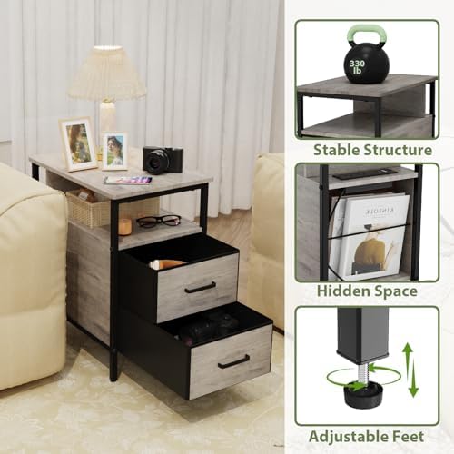 End Table with Charging Station and 2 Fabric Drawers, Greige - Image 5