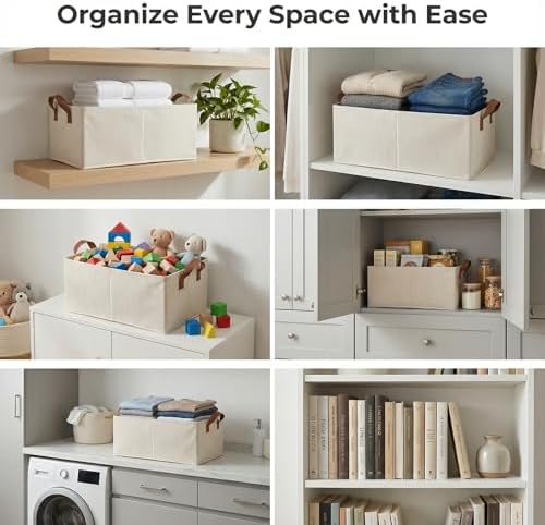 3 Pack Storage Bins Fabric Collapsible Organizers with Handles Sturdy Canvas with PP Board Beige Foldable Storage Box for Closet Shelves, Books, Toys, Clothes, Office Organization - Image 6