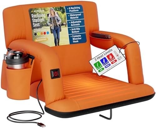 Alpcour Heated Reclining Stadium Seat for Bleachers – Wide Bleacher Chair with Back Support and Cushion, Armrests, Side Pockets, & Hook – Stadium Seats Chairs for Camping, Kayak, Paddle Board & More by Alpcour