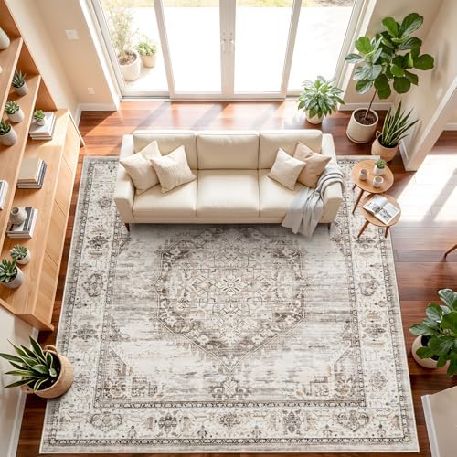 12x12 Square Area Rug: 12ft Square Washable Living Room Rugs Ultra Thin Soft Oriental Non-Slip Backing Farmhouse Rug Low Pile Thin Stain Resistant Indoor Carpets, 12' x 12' Beige - Image 2