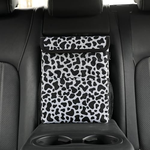 AOKJOY Car garbage can with lid Leak Proof Vehicle Trash Can 3 Storage Pockets Hanging Waterproof car trash bag for suv cow - Image 5