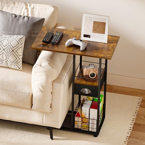 Rolling C-Shaped Side Table with Wheels and Oversized Wood Top, Mobile Overbed Stand with Drawer for Bed or Sofa, Metal Frame Couch Companion for Living Room, Bedroom, or Home Office (Large Desktop) - Image 2
