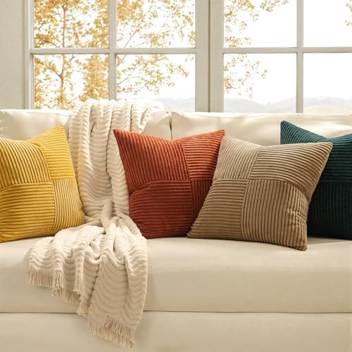 MIULEE Fall Green Rust Throw Pillow Covers 18x18 Inch Set of 4 Boho Farmhouse Soft Corduroy Striped Cushion Cases Decorative Color-Clash Home Decor for Couch Sofa Living Room Bed - Image 2
